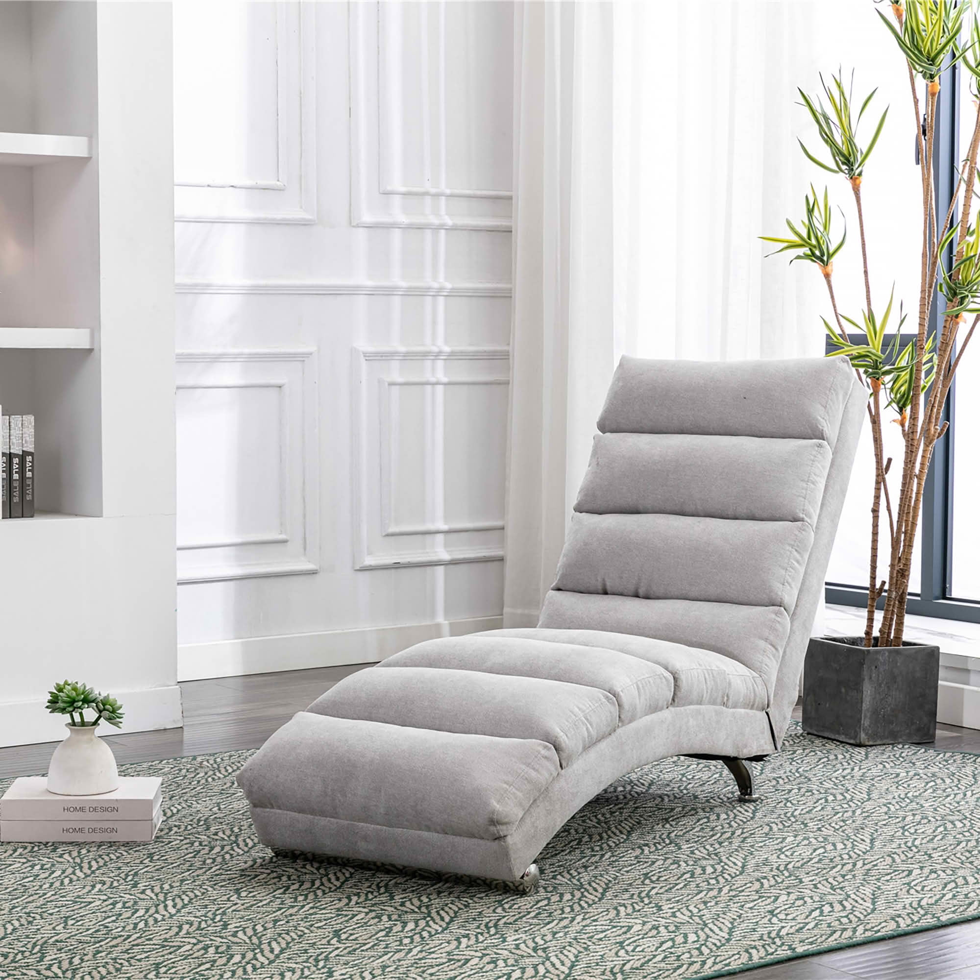 MAYEERTY Vibrating Upholstered Chaise Lounge Chair, Ergonomic Fixed Back Fabric Recliner Sofa with Side Pocket Remote Control for Living Room Bedroom