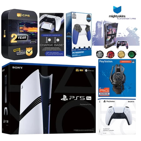 Sony Playstation 5 Pro Bundle with Extra White Controller, Plantronics Headset, Trigger Stop Kit, Dual Charge Dock and MightySkins Decal Voucher Plus 2 Year CPS Extended Warranty