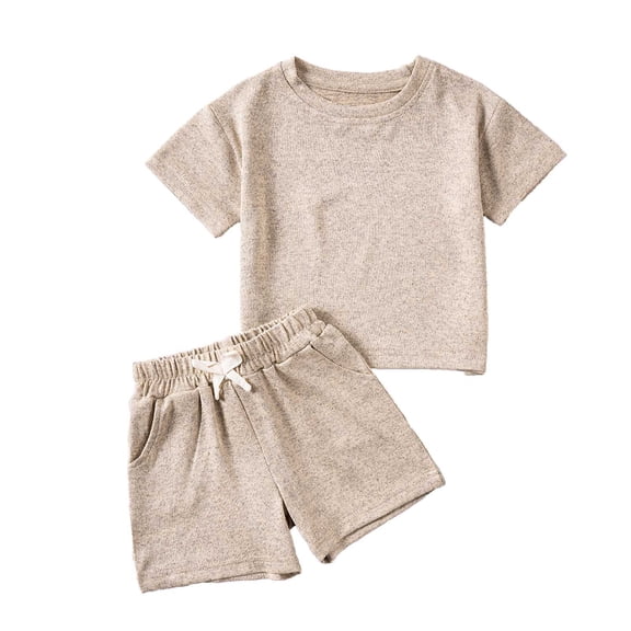 Tisuna 2 Pieces Solid Color Outfits Set For Toddler Short Sleeve Crew Neck Tops And Shorts Set Breathable Casual Baby Girls Boys Summer Tracksuit Clothes Beige Size 18-24 Months