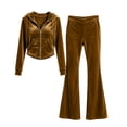 thumbnail image 4 of vdgthytj Tracksuits for Women Set 2 Piece Velour Full Zip Long Sleeve Hooded Jackets Flare Pants Fall Winter Athleisure Outfits(Large,Brown), 4 of 7