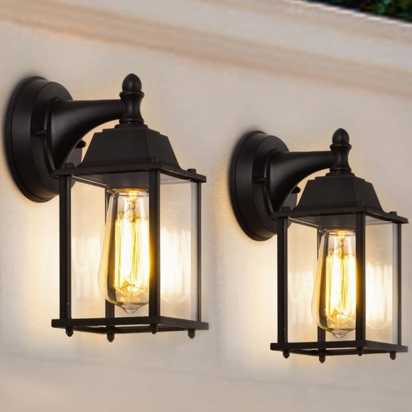 Small Outdoor Wall Lanterns 2-Pack â Black Anti-Rust Exterior Light Fixtures for Porch, Garage or Entryway â Weatherproof Wall Sconces with Clear Glass