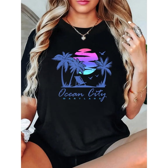Ocean City Maryland Beach Vacation Trip Retro Vintage Sunset T-Shirt for Men Women casual short sleeve crew neck cotton tee tops for women
