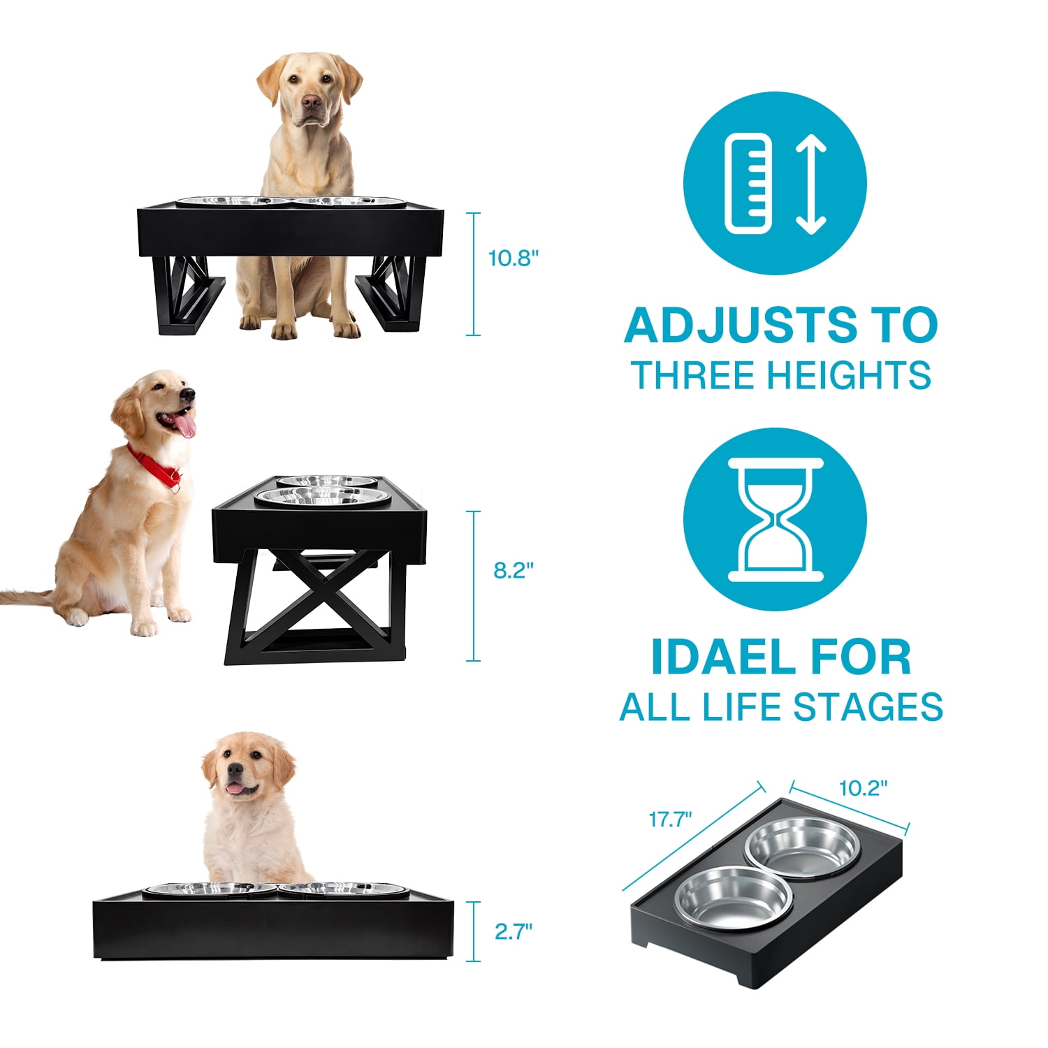 Behmoe Elevated Dog Bowls for Medium Large Dogs,3 Heights Adjustable Breed Raised Dogs Bowl Stand with 2 Stainless Steel Water And Food Bowls,Non-Slip Feeder Dish Station,Black