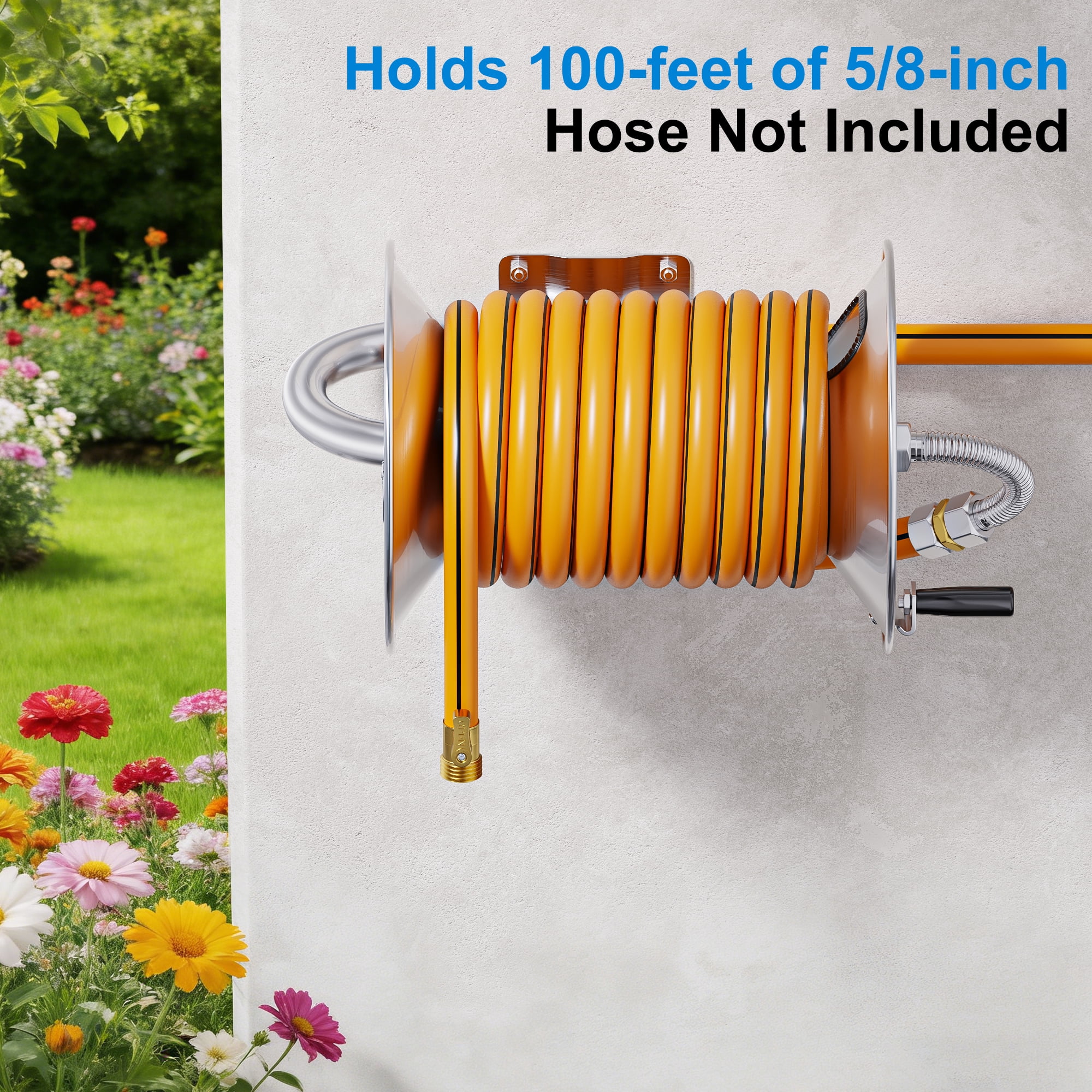 FANHAO Standing or Wall Mounted Garden Hose Reel, Outdoor Heavy-Duty Water Hoses Holder Winder, Holds 125 Ft of 5/8-Inch Hose, Brass Fitting (Hose Not Included)