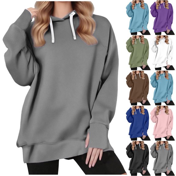 Zxlsdmn Hoodie for Women Oversized Long Sleeve Pullover Tops Comfy Solid Color with Thumb Hole Hooded Sweatshirts Soft Fall Winter Going Out Clothes L