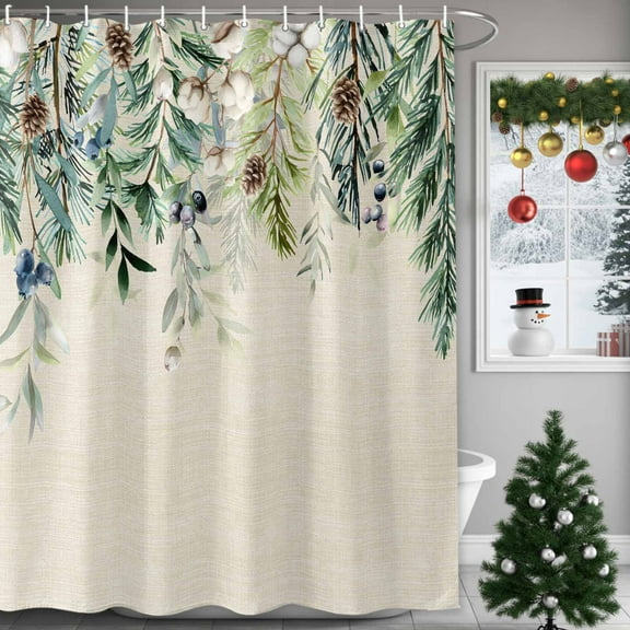 Winter Evergreen Bough Shower Curtains for Bathroom, Christmas Pine Cone Cotton Vintage Linen Waterproof Fabric Shower Curtain for Bathroom Bathtub Decoration, Machine Washable, 36"x72"