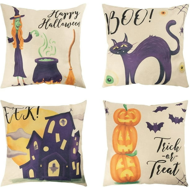 4 Pack Halloween Throw Pillow Covers, Cases with Spooky Designs, Square