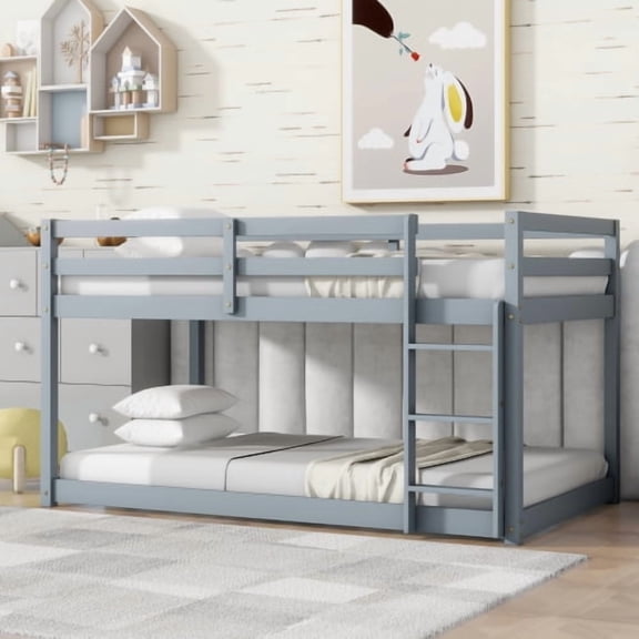 Solid Rubber Wood Twin over Twin Floor Bunk Bed with Ladder, Low-Height Design with Strengthened Slats, Full-Length Guardrails, No Box Spring Needed, for Bedroom, Guest Room, Grey