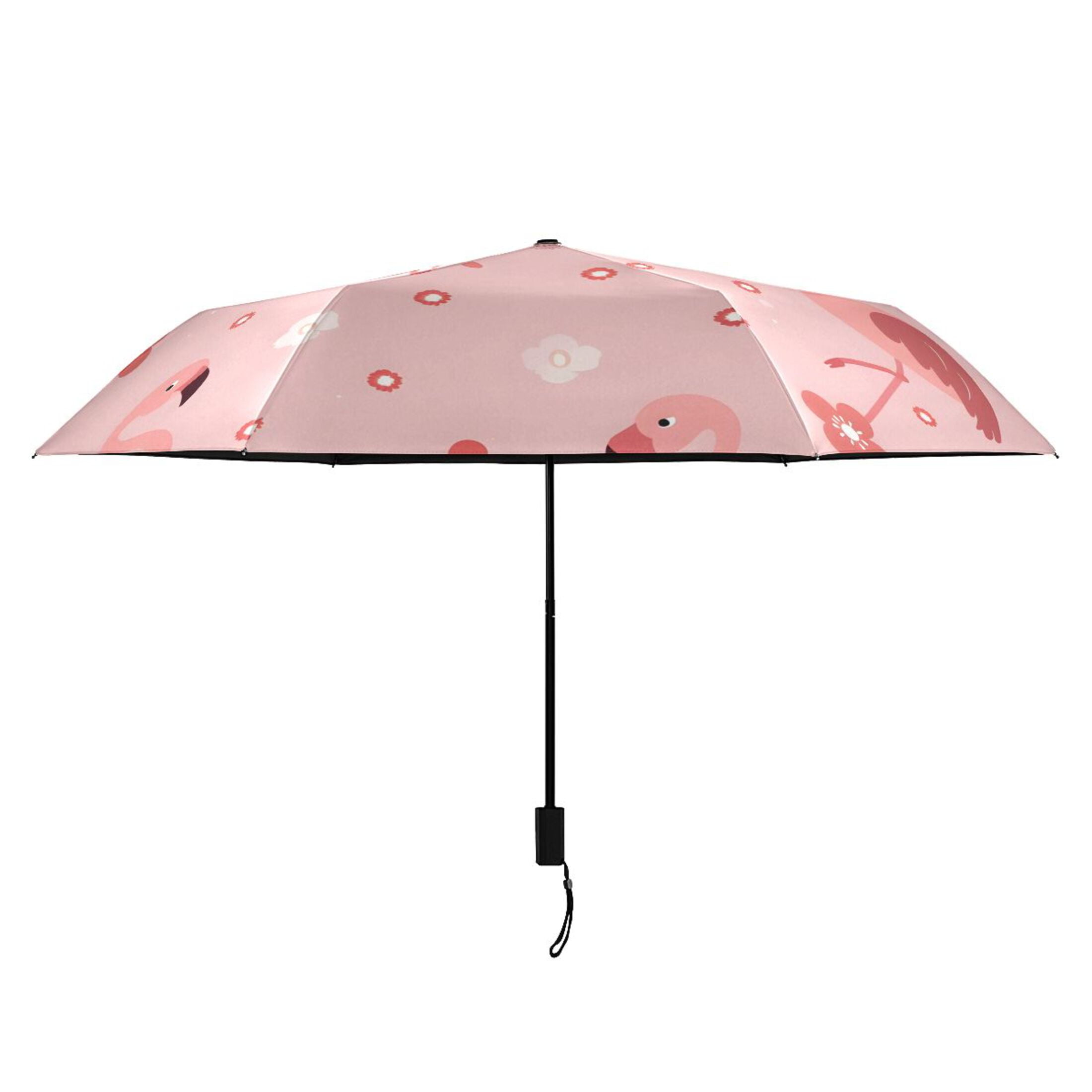 Flamingos and Flowers All Weather Umbrella Triple Folding Parasol 6 Ribs UV Protection Portable