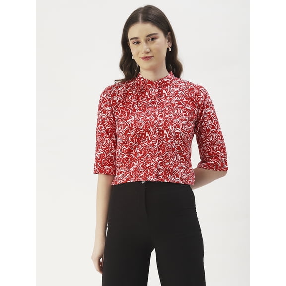 DressBerry Women's Printed Cotton Poplin Buttoned Front 3/4th Sleeves Crop Top Mandarin Collar Flared Casual Summer Wear High Waist Regular Short Shirt