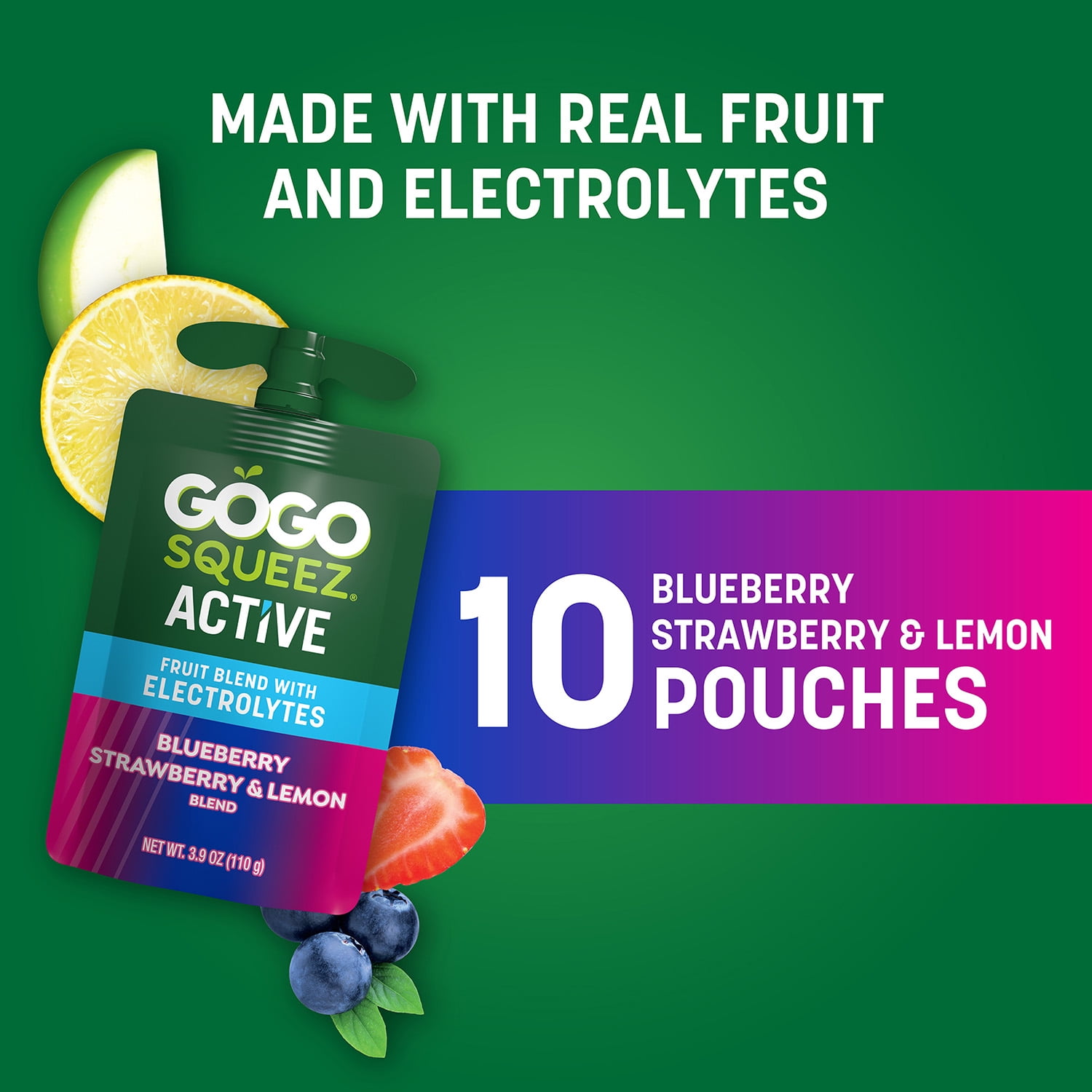 GoGo squeeZ Active Fruit Blend with Electrolytes, Blueberry Strawberry Lemon, 3.9 oz/10ct