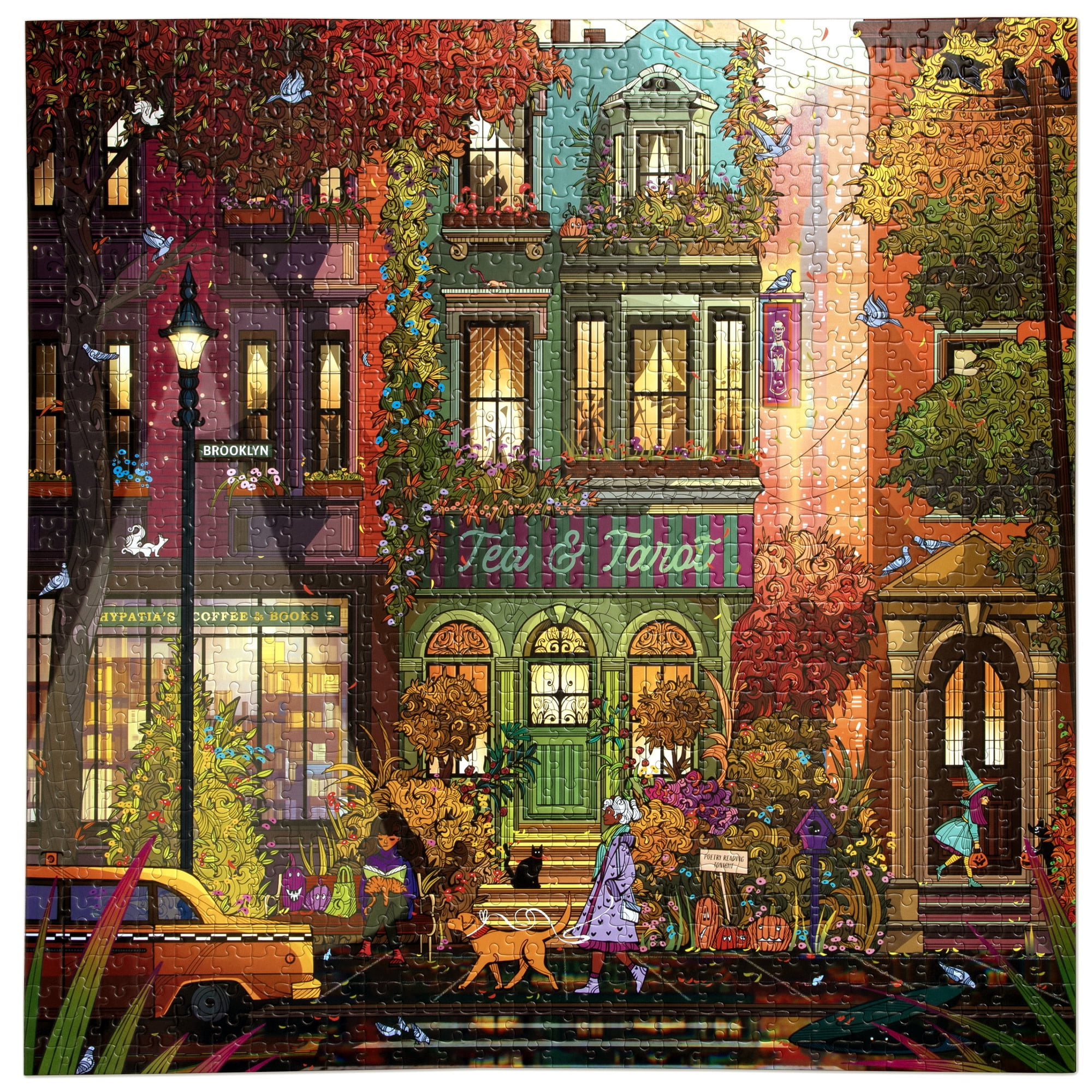 eeBoo Piece & Love: Fall In Brooklyn - 1000 Piece Puzzle - Square Adult Jigsaw, Laura El's Autumn Twilight City Street Scene, Eco-Friendly, Playlist