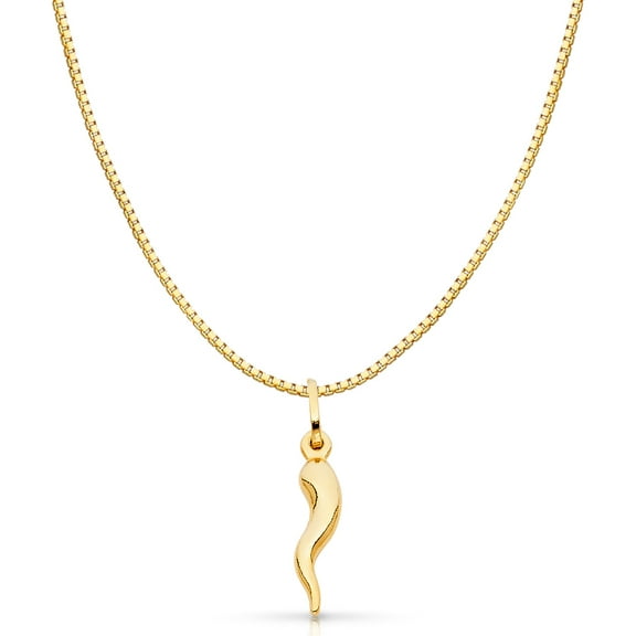 14K Yellow Solid Gold Cornicello Italian Horn Fortune Charm Pendant with 1mm Box Chain Necklace