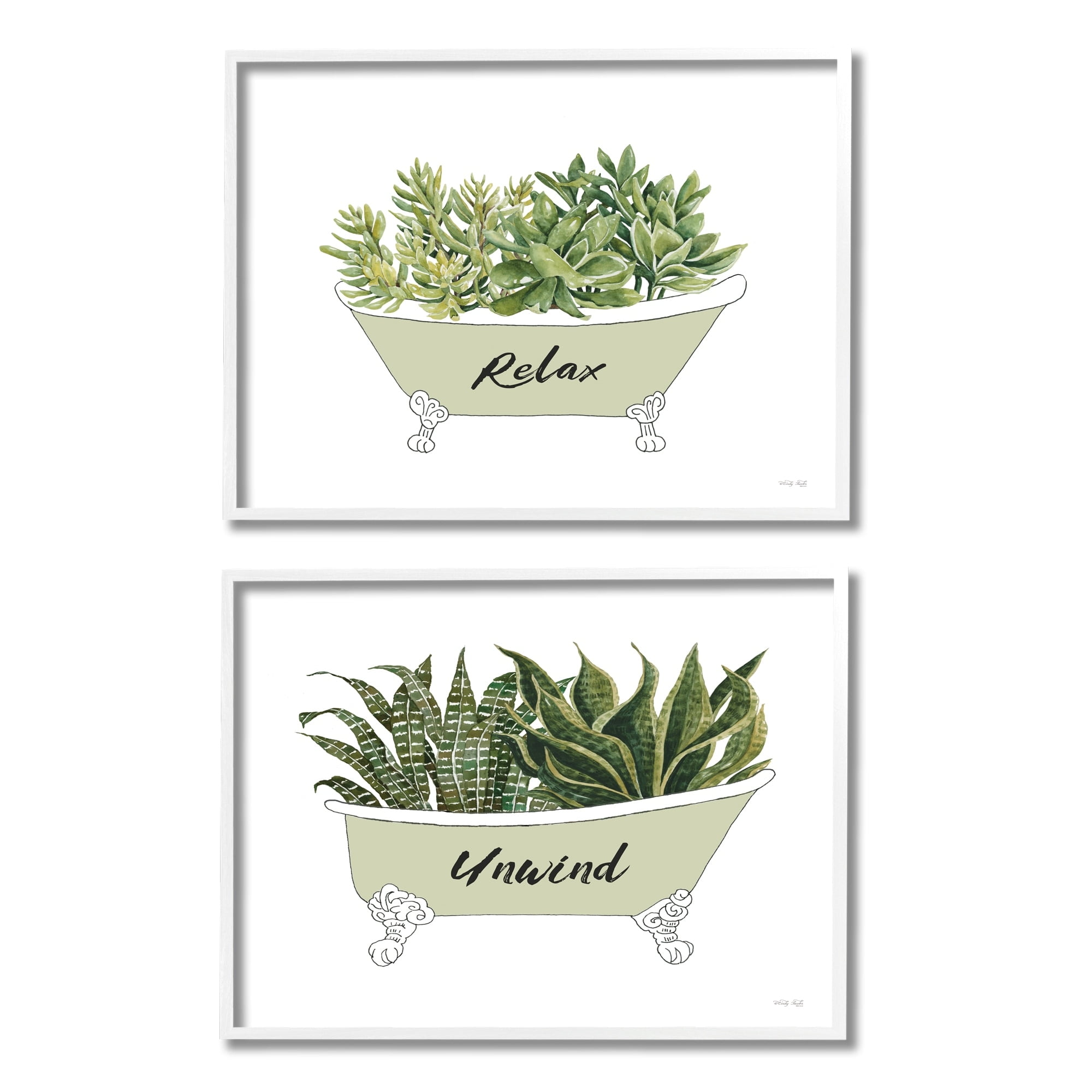 Stupell Industries Relax Unwind House Plants Succulents Clawfoot Bathtub Graphic Art White Framed Art Print Wall Art, Set of 2, Design by Cindy Jacobs
