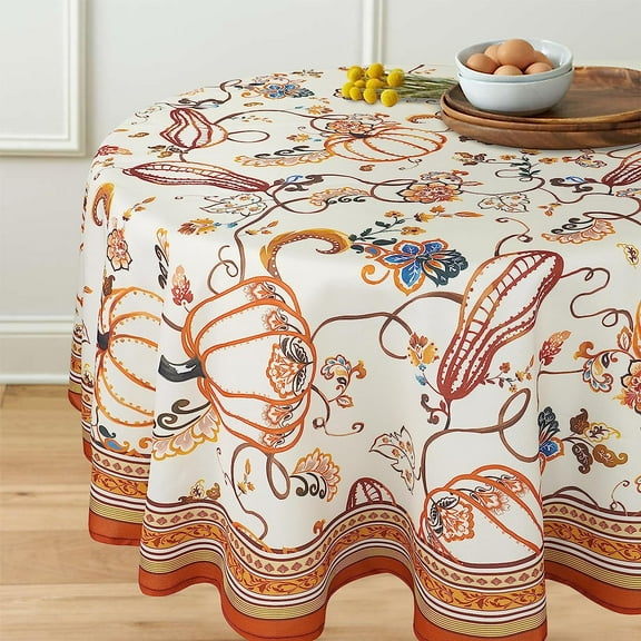 Fall Thanksgiving Tablecloth, Brown Paisley Pumpkin Round Table Cloths 60 x 60 for Fall Harvest Festival Decorations, Perfect for Home Kitchen Dinner Party Holiday Picnic Table Cover