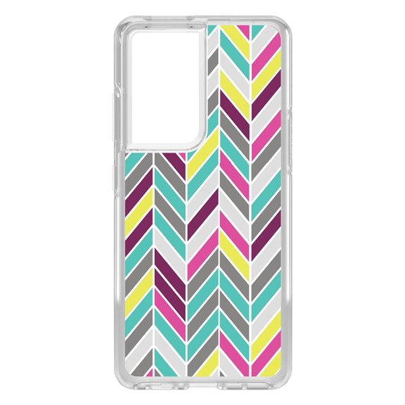 DistinctInk Clear Shockproof Hybrid Case for Galaxy S21 ULTRA 5G (6.8" Screen) - TPU Bumper, Acrylic Back, Tempered Glass Screen Protector - Pink Purple Teal Herringbone