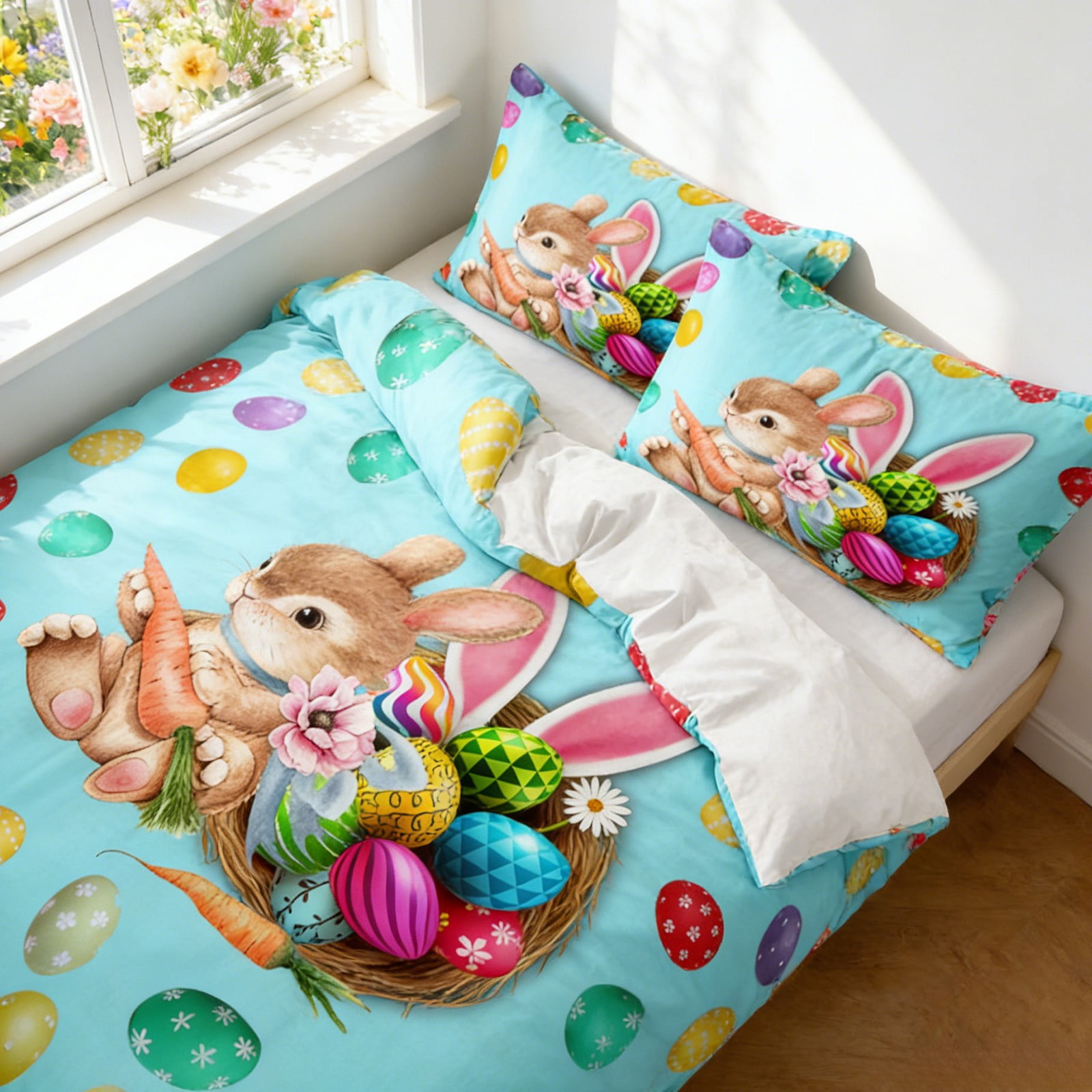 Easter Queen Comforter Set 3-Piece: Adorable Bunny & Egg Duvet Cover with 2 Standard Pillowcases | Spring Home Decor by PALIFEUR