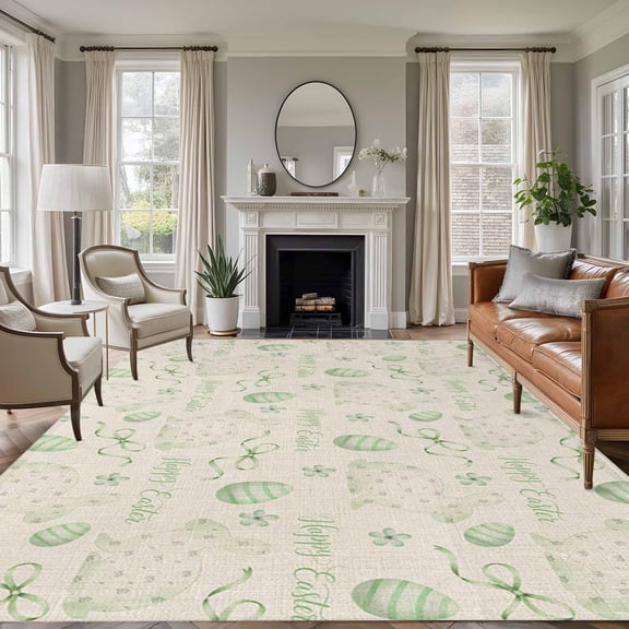 5'x7' Area Rugs for Living Room Bedroom, Sage Green Easter Washable Rug Carpet Runner Indoor Outdoor, Spring Vintage Bunny Eggs on Linen Non Slip Floor Mats Area Rug for Kitchen, Nursery