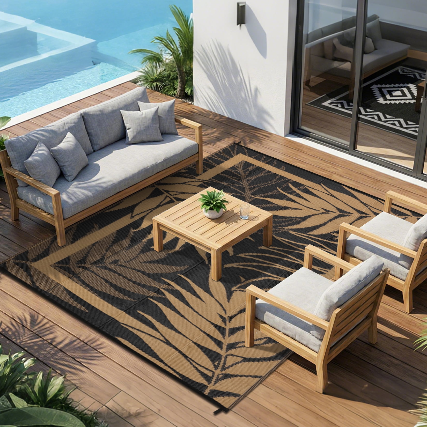 Soonbuy 8x10FT Outdoor Rug with Palm Leaf Pattern, Waterproof Reversible Patio Carpet, Fade Resistant Outdoor Area Rug with Heavy Duty Non-Slip Backing for Deck, Backyard, Pool, Porch, Living Room