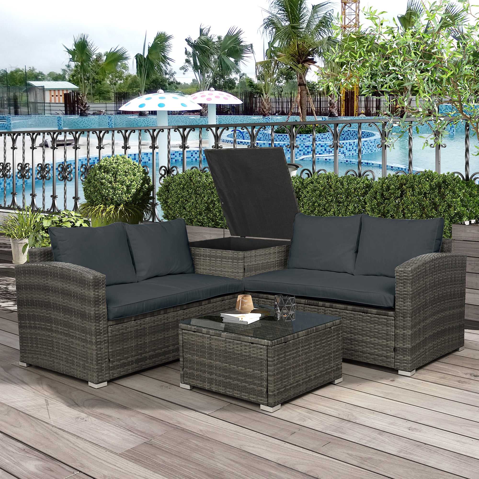 Merax 4 Piece Outdoor Rattan Patio Wicker Sectional Set With Storage Box Tempered Glass Table Top Walmart Com Walmart Com