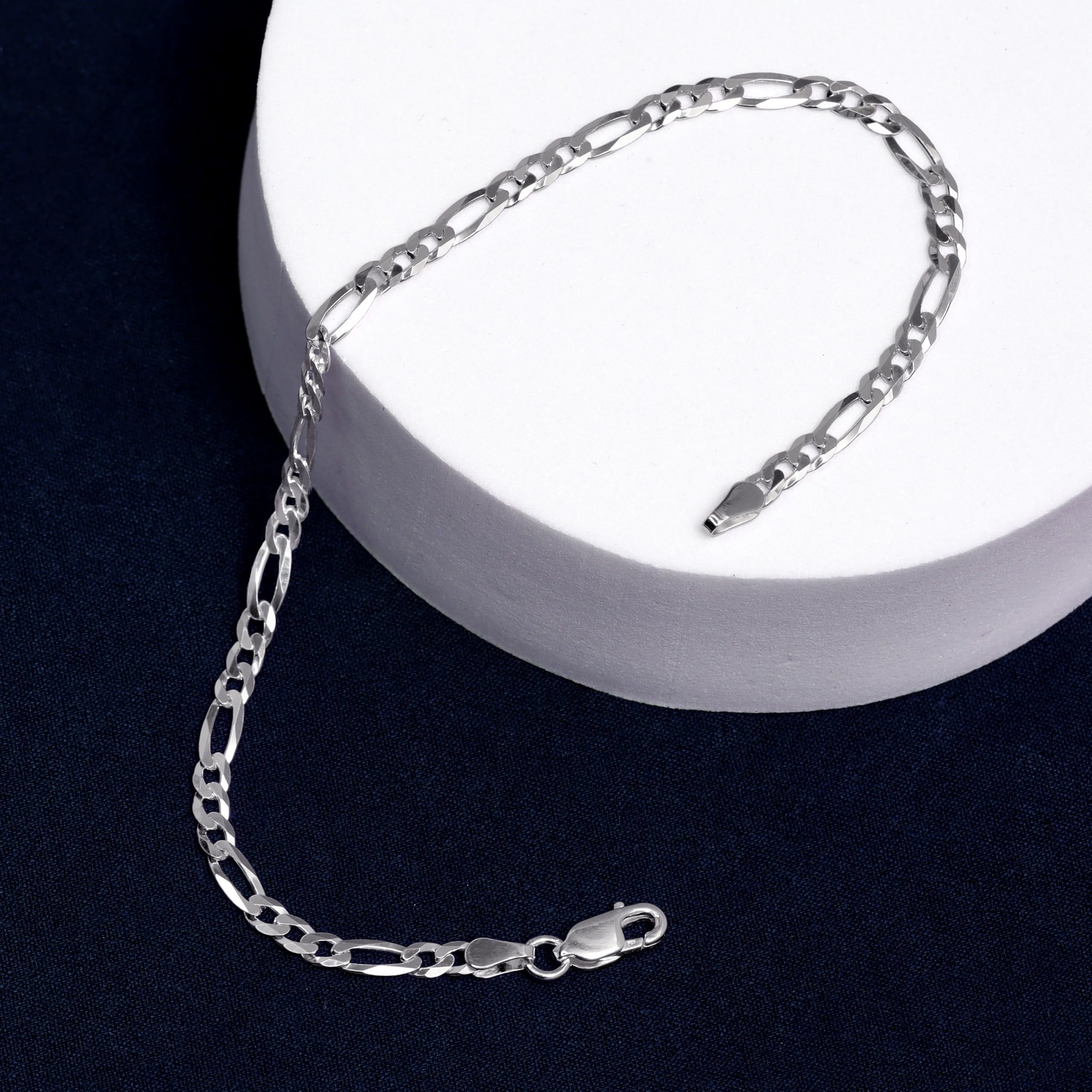 LeCalla Solid 925 Sterling Silver Figaro Chain Bracelet for Men and Women | Italian 4MM Diamond-Cut Figaro Link Chain Bracelets 7" Inches