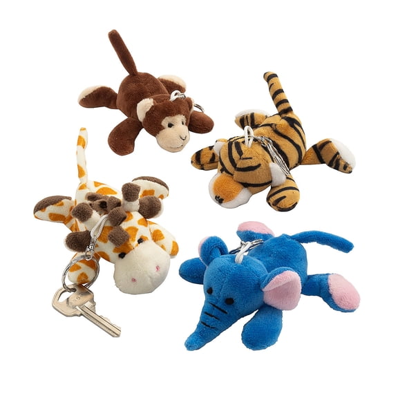 Fun Express 4 3/4" Mini Zoo Animal Stuffed Characters Keychain Assortment - 12 Pieces