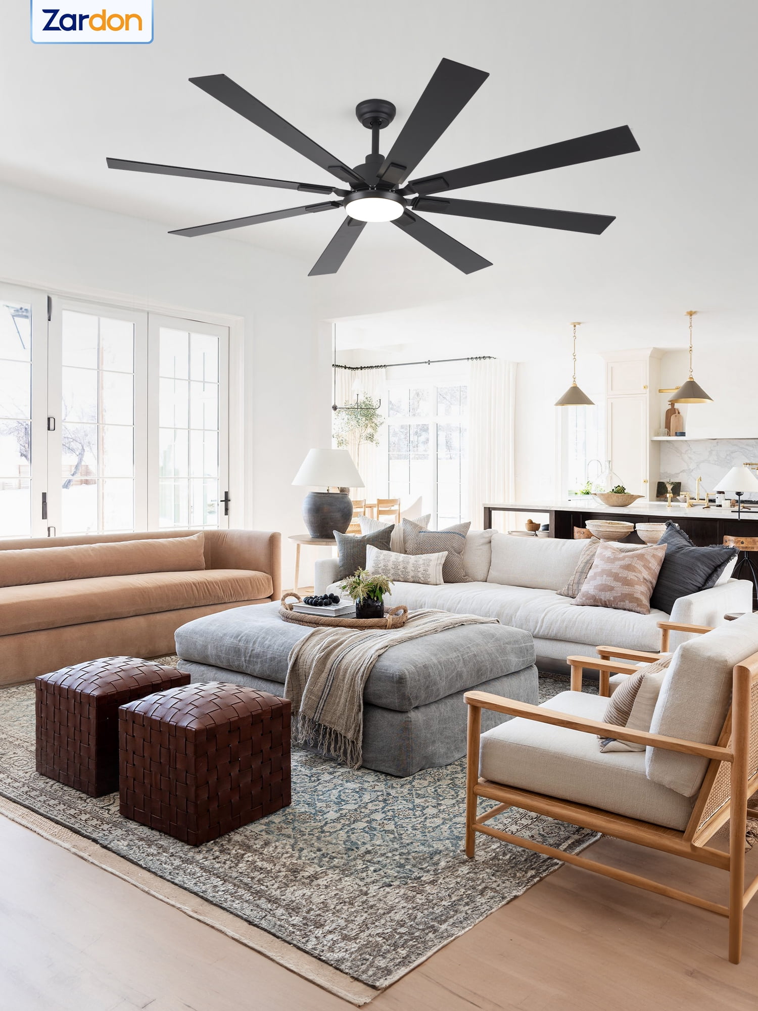 Zardon 72 inch Modern Ceiling Fan with Light and Remote Control, Large Ceiling Fan with Quiet DC Motor, 6 Speeds, 8 Reversible Blades for Indoor Outdoor Space- Black