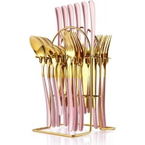 24 Pieces Silverware Set, Stainless Steel Flatware Set with Silverware Holder Spoons Forks Knives Set,Utensils Set Service for 6,Cutlery Set for Kitchen (Pink)