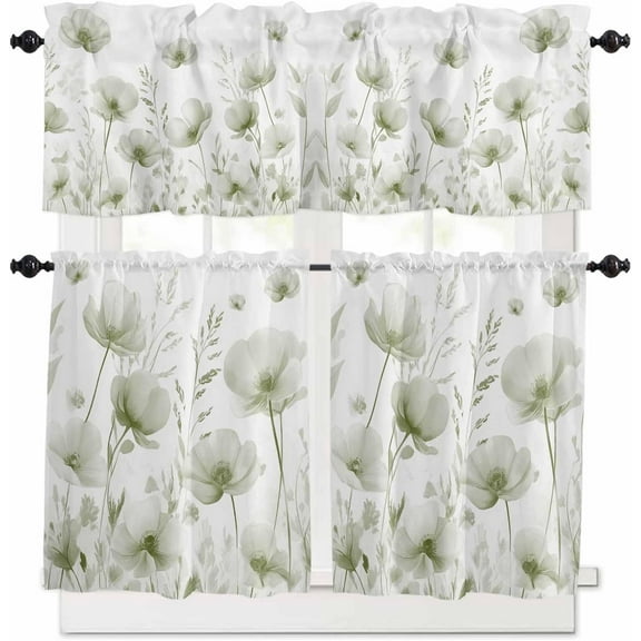 Sage Green Flowers Kitchen Curtains and Valances Set, Rod Pocket Curtains Tier Farmhouse Window Curtains 24 Inch Length, Spring Botanical Floral Plants 3 Piece Kitchen Curtains Set