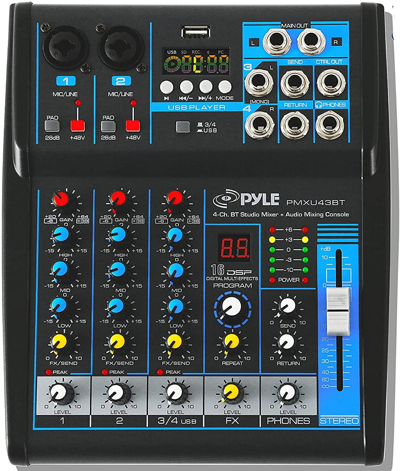 Pyle Professional Audio Mixer Sound Board Console System Interface 4  Channel Digital USB Bluetooth MP3 Computer Input 48V Phantom Power Stereo  DJ