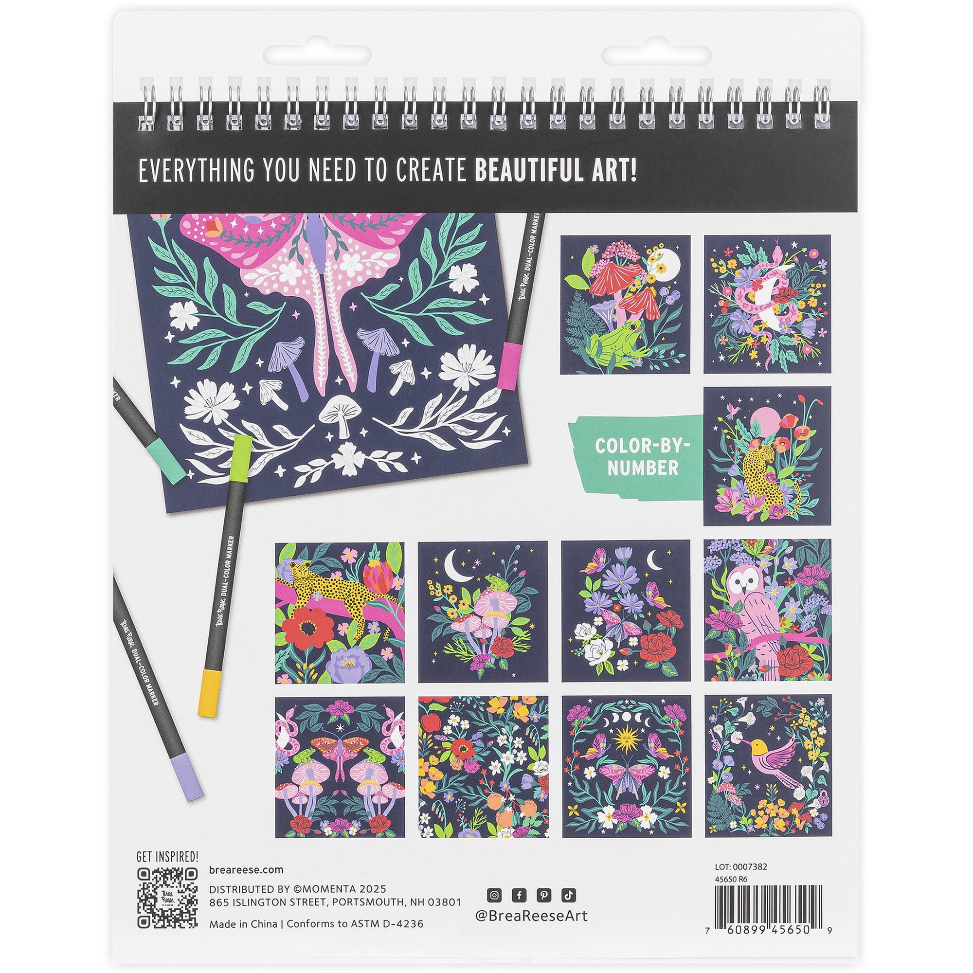 Brea Reese: Marker Color-by-Number Kit - Whimsical Botanicals - 5 Dual-Tip Markers, 12 Designs, Guided Art, 8.5 x 9.75" Pages, Adult Spiral Art Pad