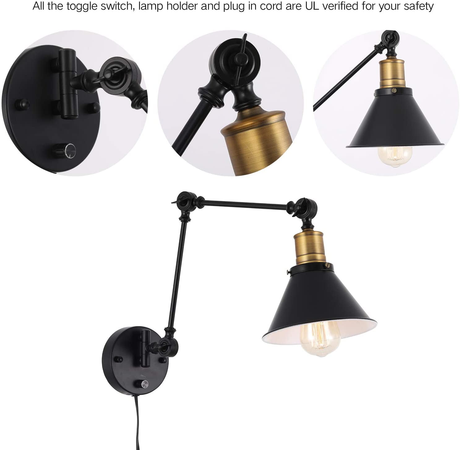 Black White Wrought iron LED AJ Wall lamp Adjustable Wall light With plug switch 