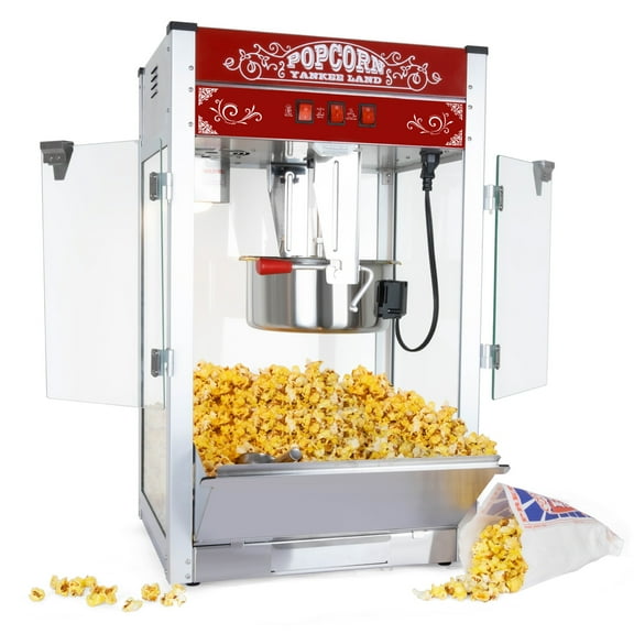 62cups Commercia Popcorn MAKER Machine, 16 Oz Kettle, Theater Style Popper with 3-Switch Control Steel Frame Tempered Glass Doors 1 Scoop 2 Spoons, Red