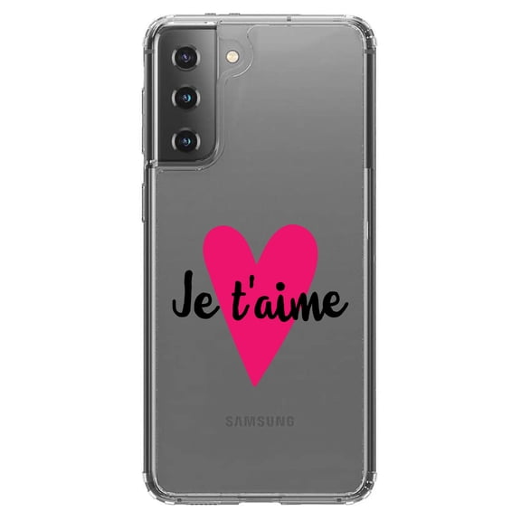 DistinctInk Clear Shockproof Hybrid Case for Galaxy S21 5G (6.2" Screen) - TPU Bumper Acrylic Back Tempered Glass Screen Protector - Je T'Aime - Pink Heart