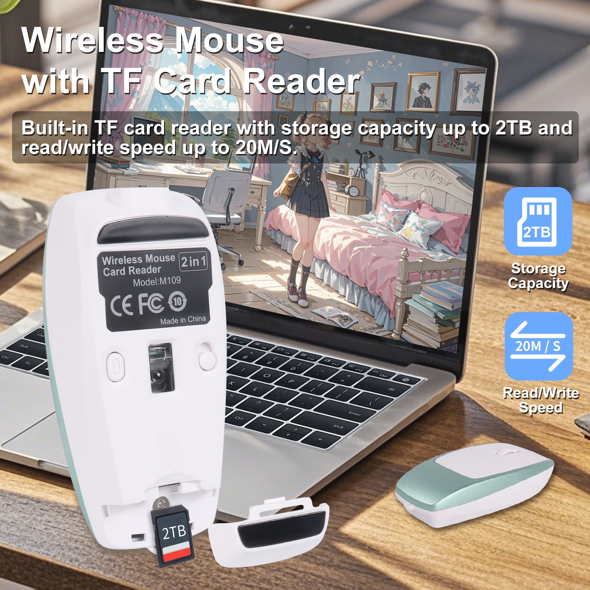 Dpisuuk Bluetooth Mouse Rechargeable Portable Mini Computer Mice with TF Card Reader Optical Lightweight Silent Wireless Mouse for Laptop Tablet Cell Phone Windows Mac OS Android iOS, Green