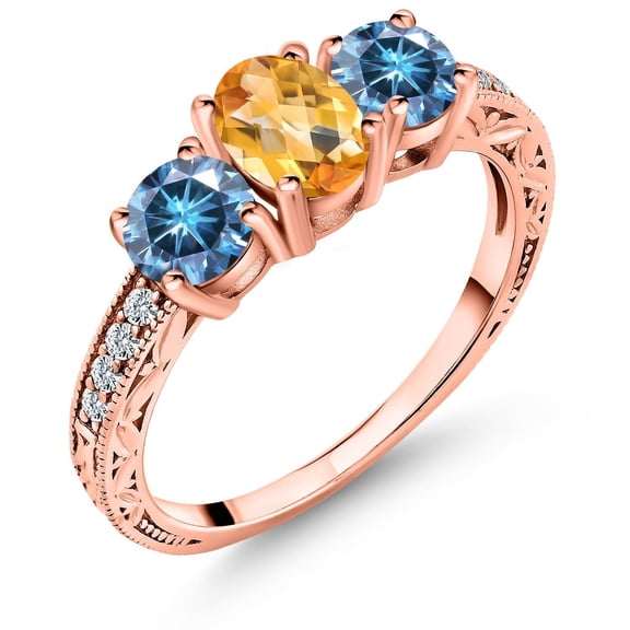 Gem Stone King 18K Rose Gold Plated Silver 3-Stone Ring Oval/Checkerboard Yellow Citrine and Vivid Persian Blue Moissanite (1.85 Cttw, Size 7)