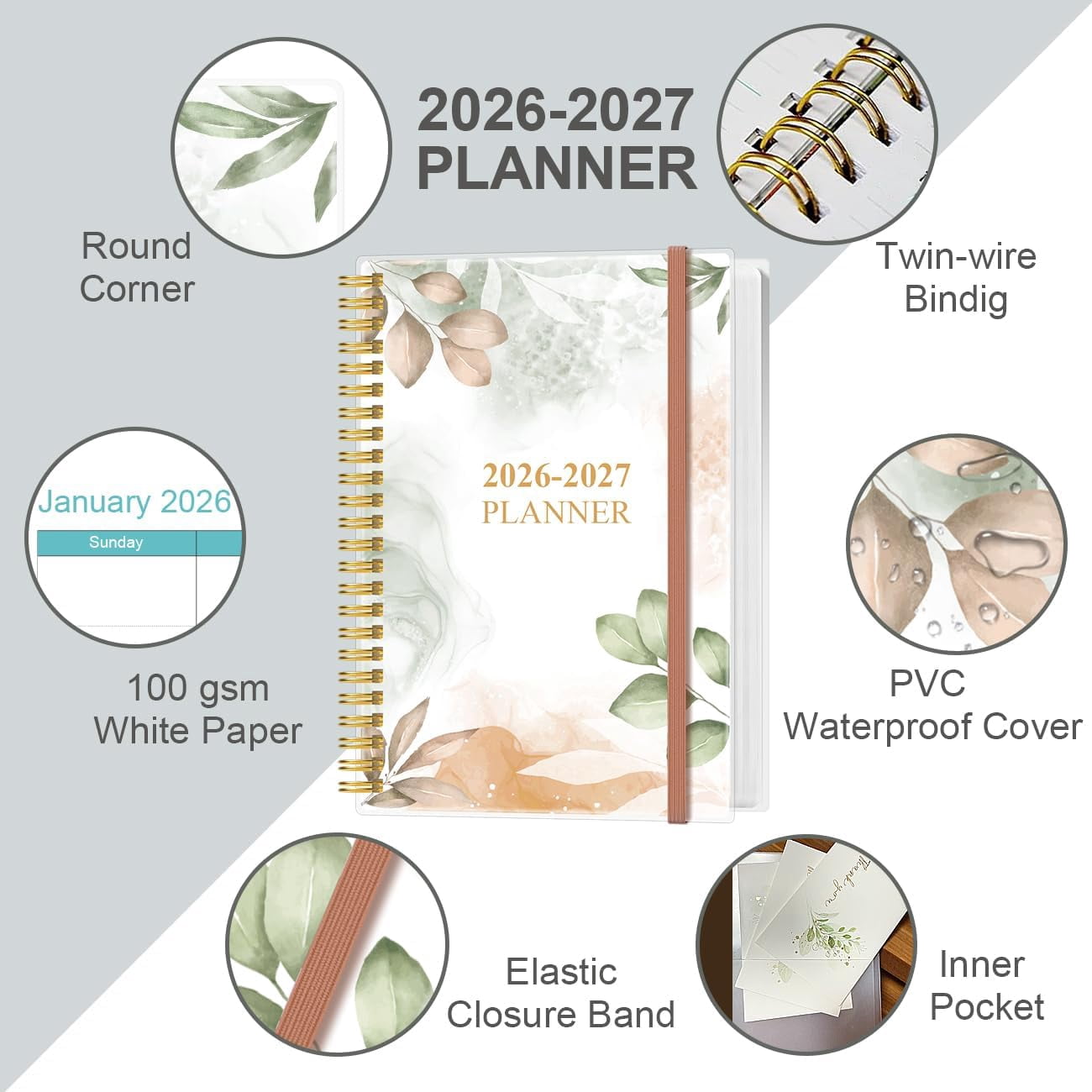2026-2027 Planner - 18 Months Weekly & Monthly from January 2026 June 2027, Spiral Planners with Elastic Closure, Inner Pocket, Medium 5.8" x 8.3", Rose Leaf