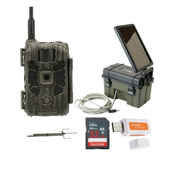 Stealth Cam 40MP Deceptor Max Cellular Trail Camera Bundle with 12V Solar Auxiliary Power Pack, Stealth Cam Trail Camera Mount Stick, 32GB Ultra SDHC UHS-I Memory Card, and Card Reader (5 Items)