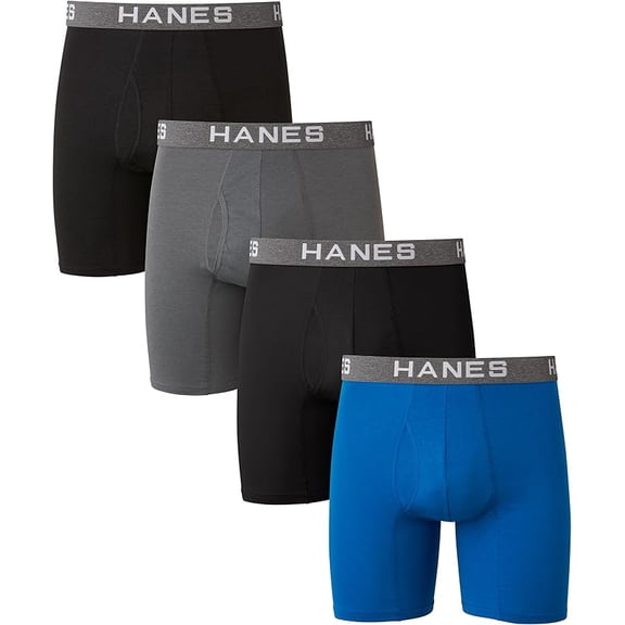 Hanes Ultimate Men's Comfort Flex Fit Boxer Briefs, Ultra Soft Cotton Modal Blend, Black/Grey/Blue-4 Pack, Large