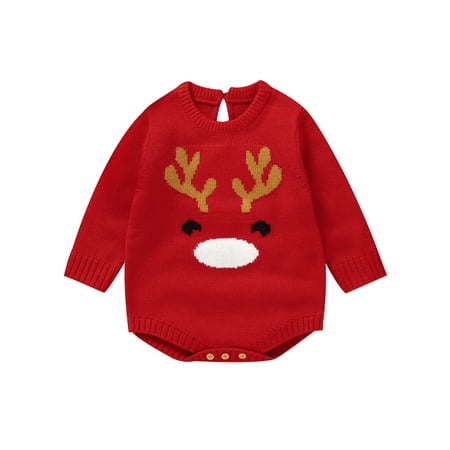 

Baby Christmas Romper Long Sleeve Crew Neck Deer Print Knit Bodysuit Newborn Playsuit