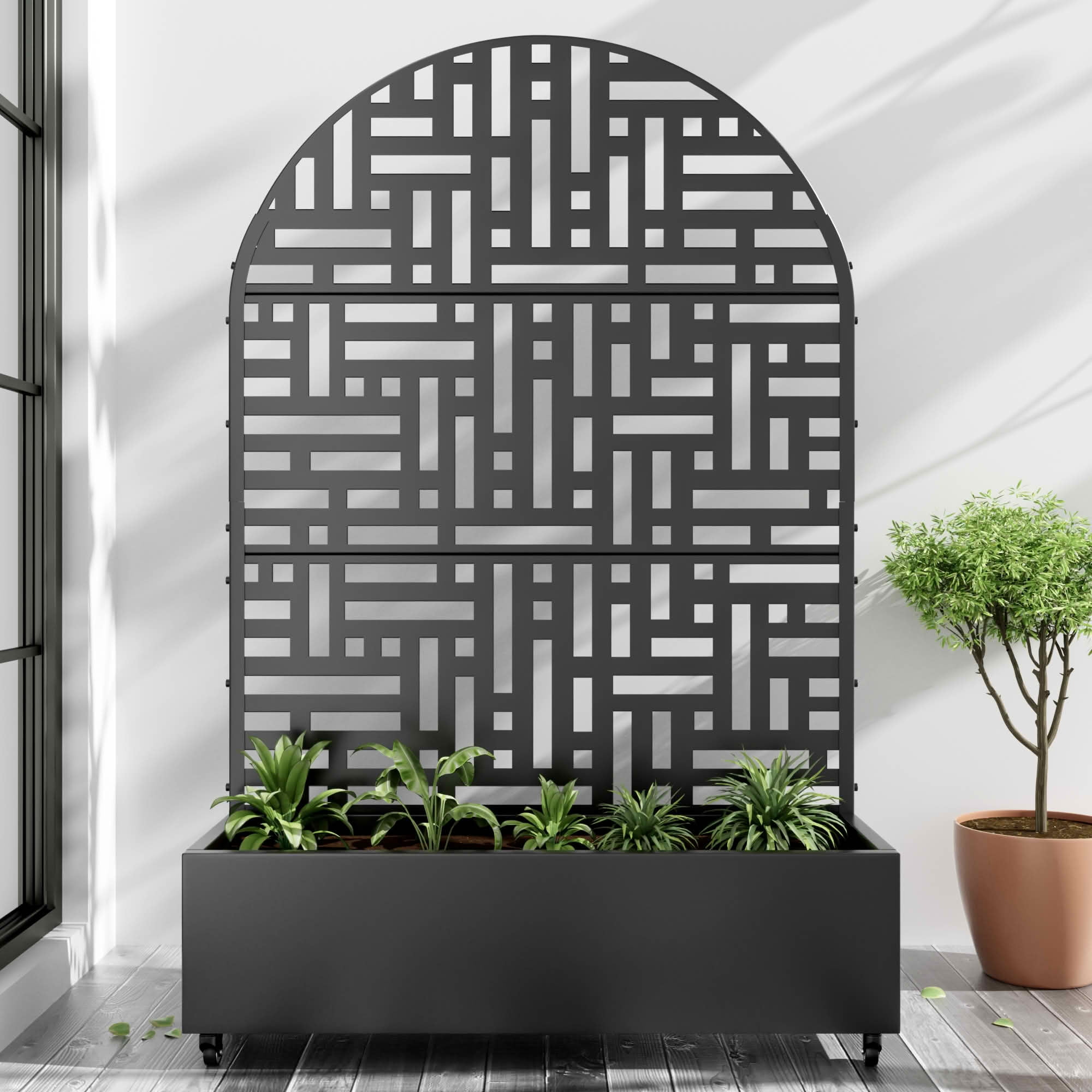 MAYEERTY 72x47x16 Inch Black Metal Arched Planter Box with Trellis, 3 Piece Set for Outdoor Garden & Patio