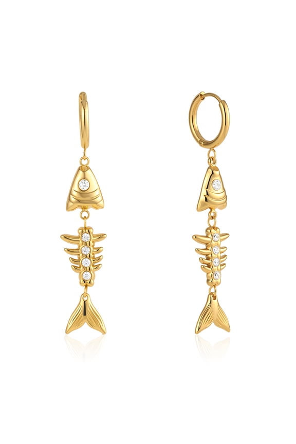 Fishbone Huggie Earring for Women Stainless Steel 18K Gold Plated Minimalist Hoop Earrings Summer Beach Beachy Tropical Hawaiian Dangle Earrings For Women