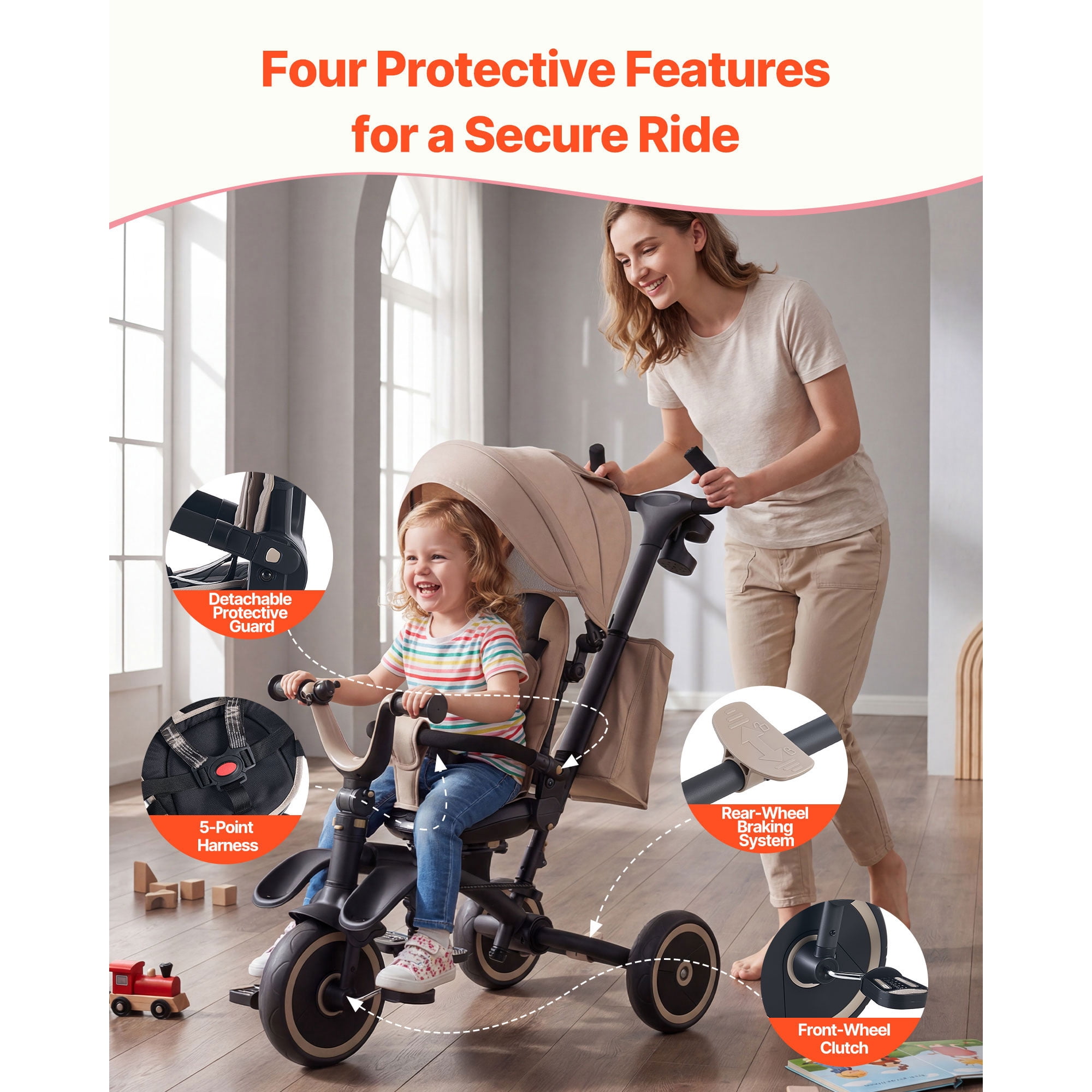 KFFKFF 7-in-1 Toddler Tricycle & Stroller for Ages 18 Months to 5 Years, Kids Trike with Push Handle, Adjustable Canopy, Rotating Seat, and Storage
