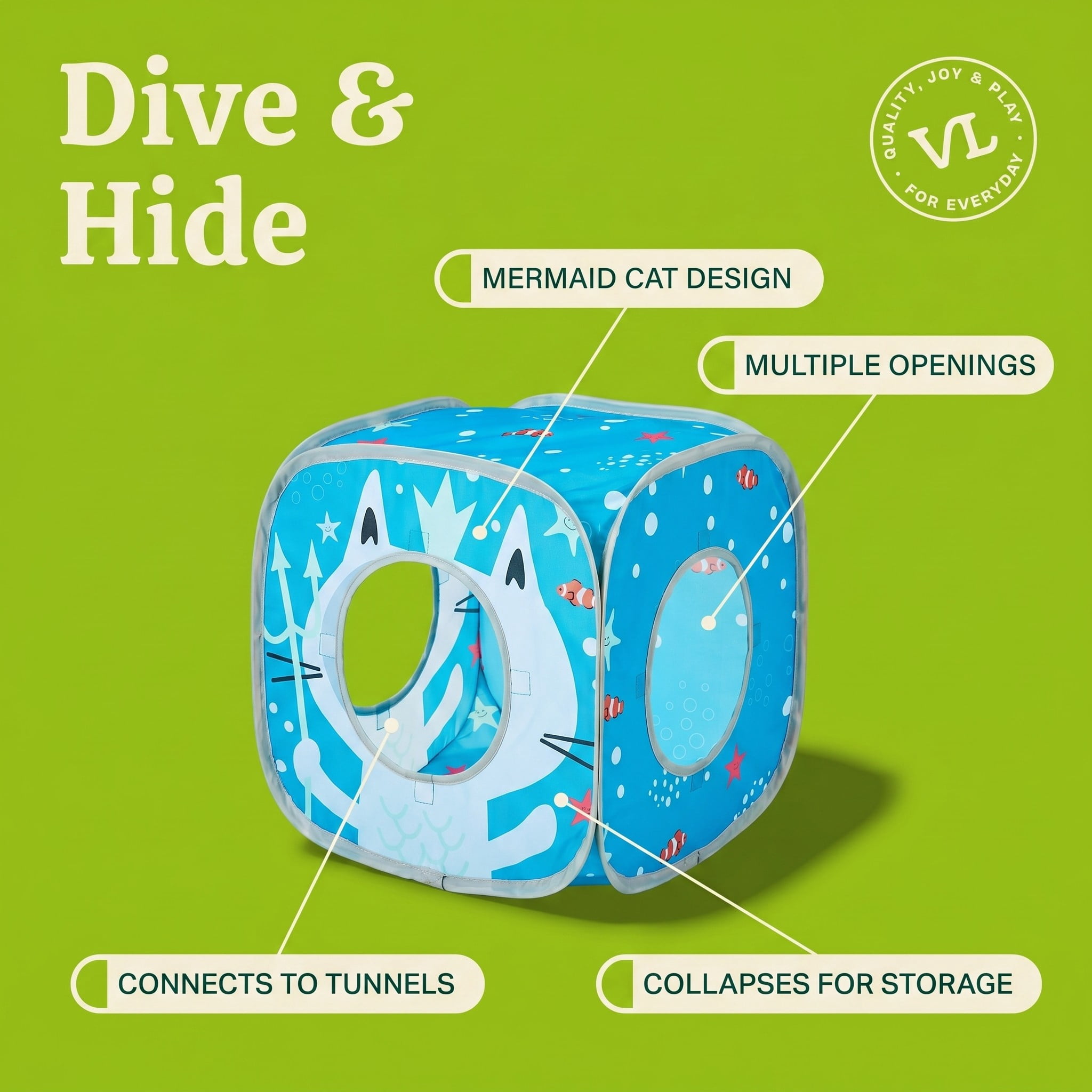 Vibrant Life Pop Open Collapsible Mermaid Cat Cube, Blue