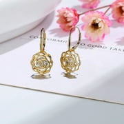 14K Yellow Gold Plated Caged with Crystals Rose Lever Back Earrings