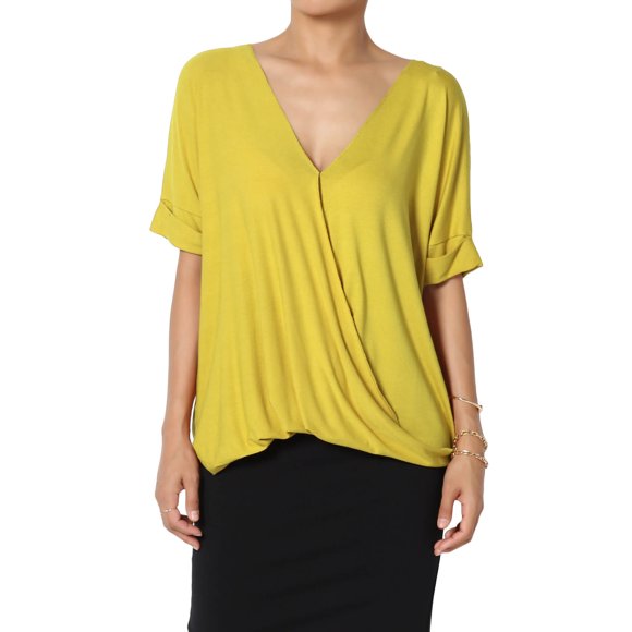 TheMoogan Women's Casual Lightweight Short Sleeve Wrap V-Neck High Low Crepe Knit Top