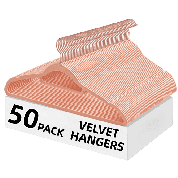 LEDREM 50-Pack Velvet Hangers, Non-Slip Clothes Hangers with 360° Swivel Hooks, Slim & Sturdy for Coat, Dress, Space-Saving, Coral Pink