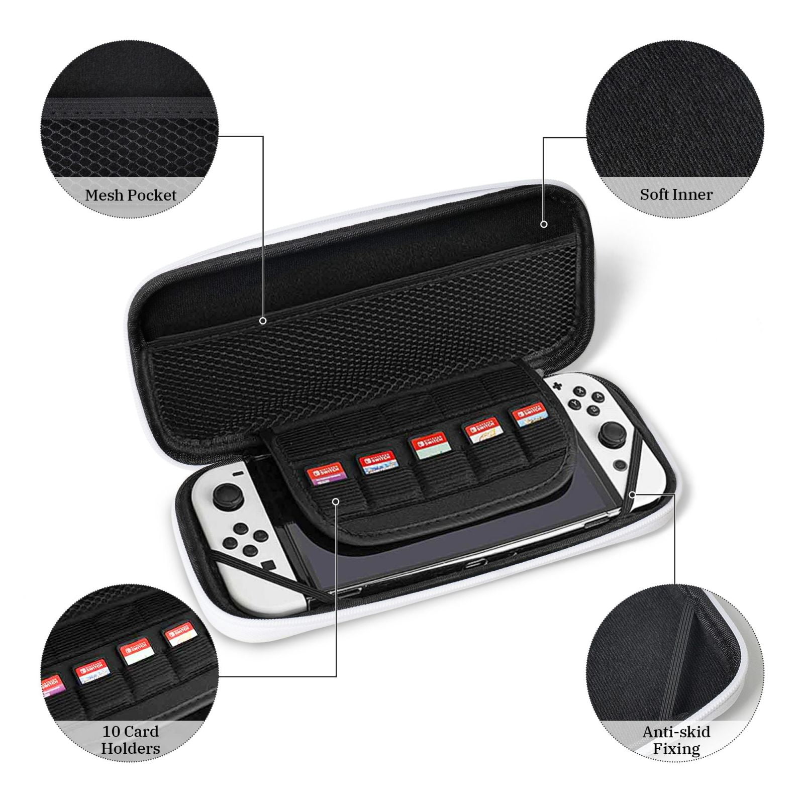 Race Car Hologram (3), Carrying Case For Nintendo Switch & OLED Version, Eva Lightweight Shockproof Protective Pouch Case for Game Console & Accessories with 10 Game Card Slot & Wristband, White