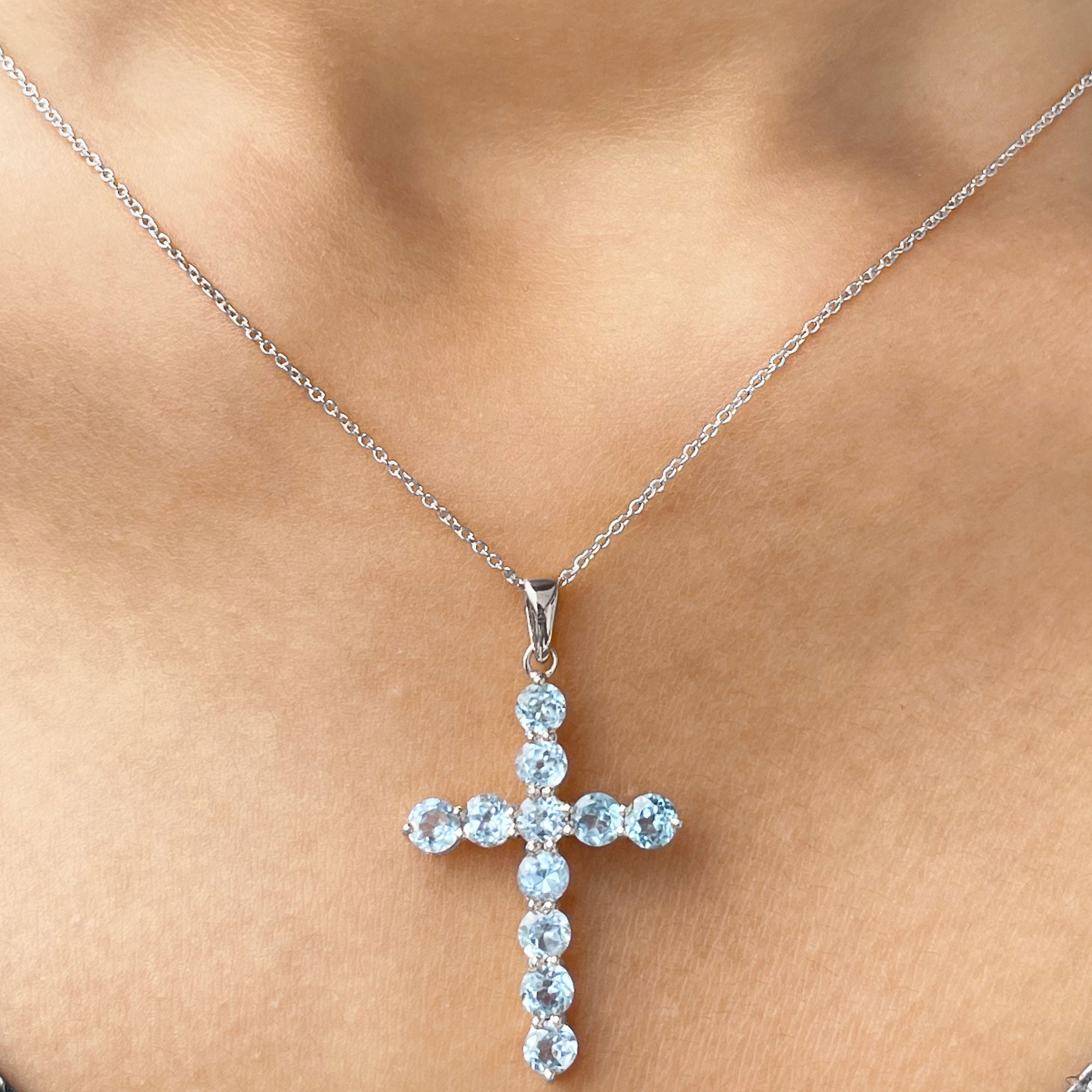 Cross necklace with aquamarine cheap birthstone