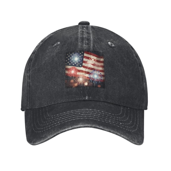 Men Women Washed Twill Baseball Cap America Flag Firework Adjustable Dad Hat Black